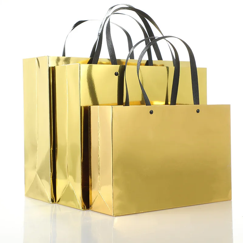 

10 шт., золотой, серебряный подарочный бумажный пакет, утолщенный картонный мешок для одежды, портативная упаковочная сумка