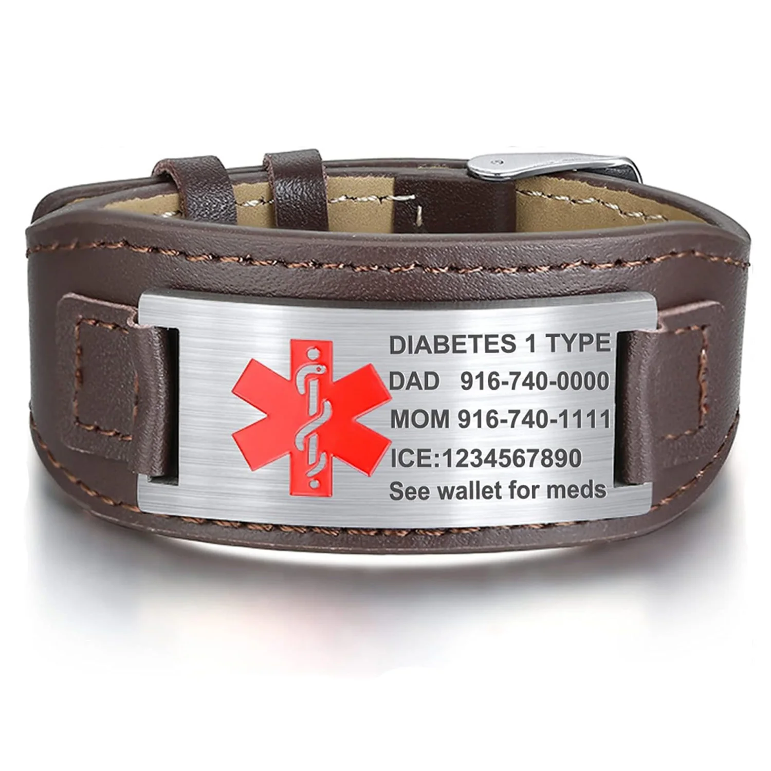 

Free Customization Medic Alert ID Bracelets Men Stainless Steel Leather Adjustable Help Me Allergy Information Wrist Strap