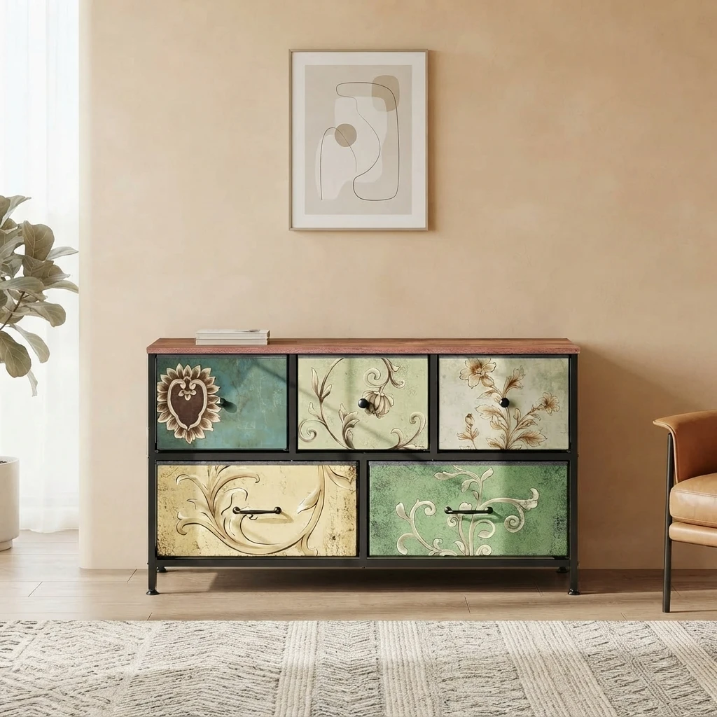 Comanlai, mobile contenitore con cassetti in stile retrò, dimensioni 100×30×55,2 cm, con 5 cassetti, struttura in metallo, ideale per camera da letto o soggiorno.