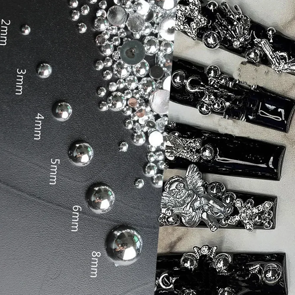 100Pcs 3D Punk Silver Pearl Nail Art Charm Luxury Dark Hip Gothic Design Rhinestones เล็บ DIY เคล็ดลับการทำเล็บเล็บอุปกรณ์เสริม