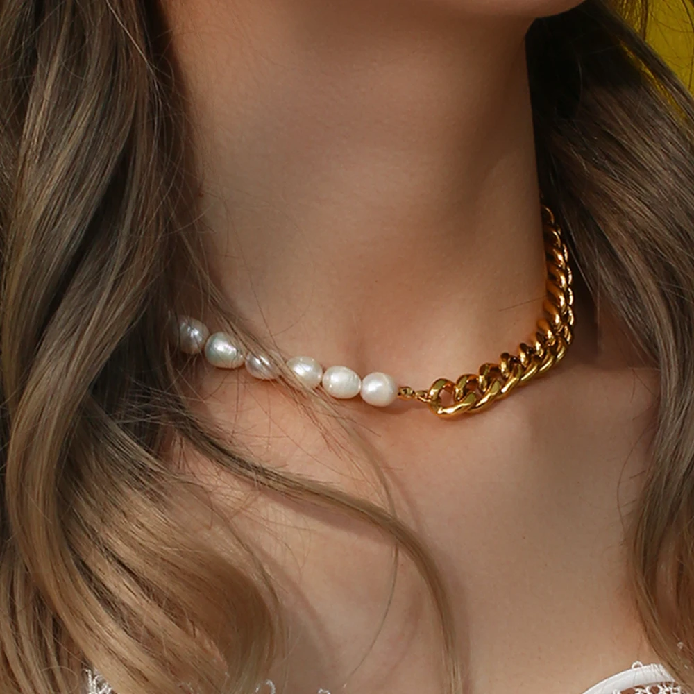 Tarnish Free Large Chunky Natural Freshwater Pearl Cuban Chain Toggle Choker Necklaces For Women Gold Plated Statement Necklace