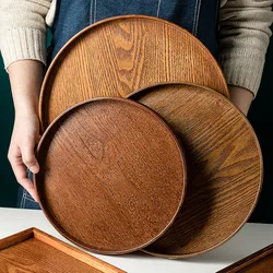 Tea Tray Round Wooden Serving Tray Large Snack Fruit Plate Food Serving Platter Breakfast Coffee Tea Plate Wood Dishes Tableware