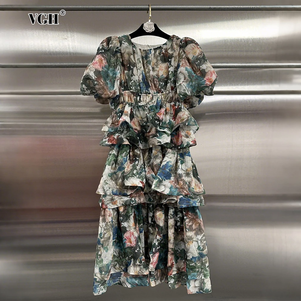 

VGH Floral Printing Cake Dresses for Women O Neck Puff Sleeve High Waist Patchwork Elastic Elegant Dress Female Clothing Style