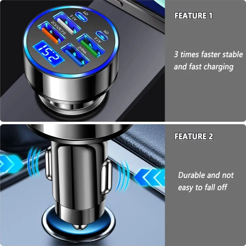 100W Car Charger Fast Charging Type C Adapter in Car PD QC3.0 USB C Car Phone Charger, with Voltage Display, for iPhone Samsung