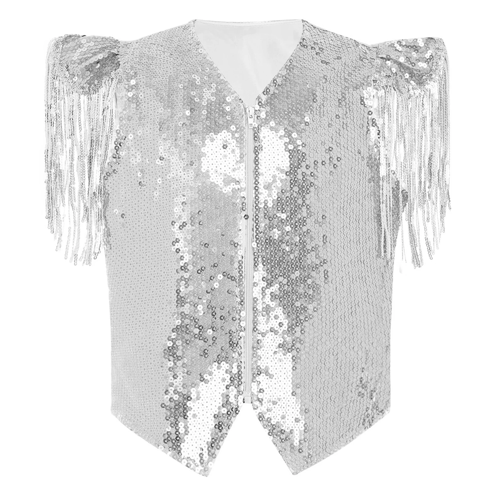 

Детский жилет с пайетками и металлическим блеском для мальчиков и девочек, жилетка с пайетками и бахромой, без рукавов, на молнии, для танцевальных выступлений и командных представлений