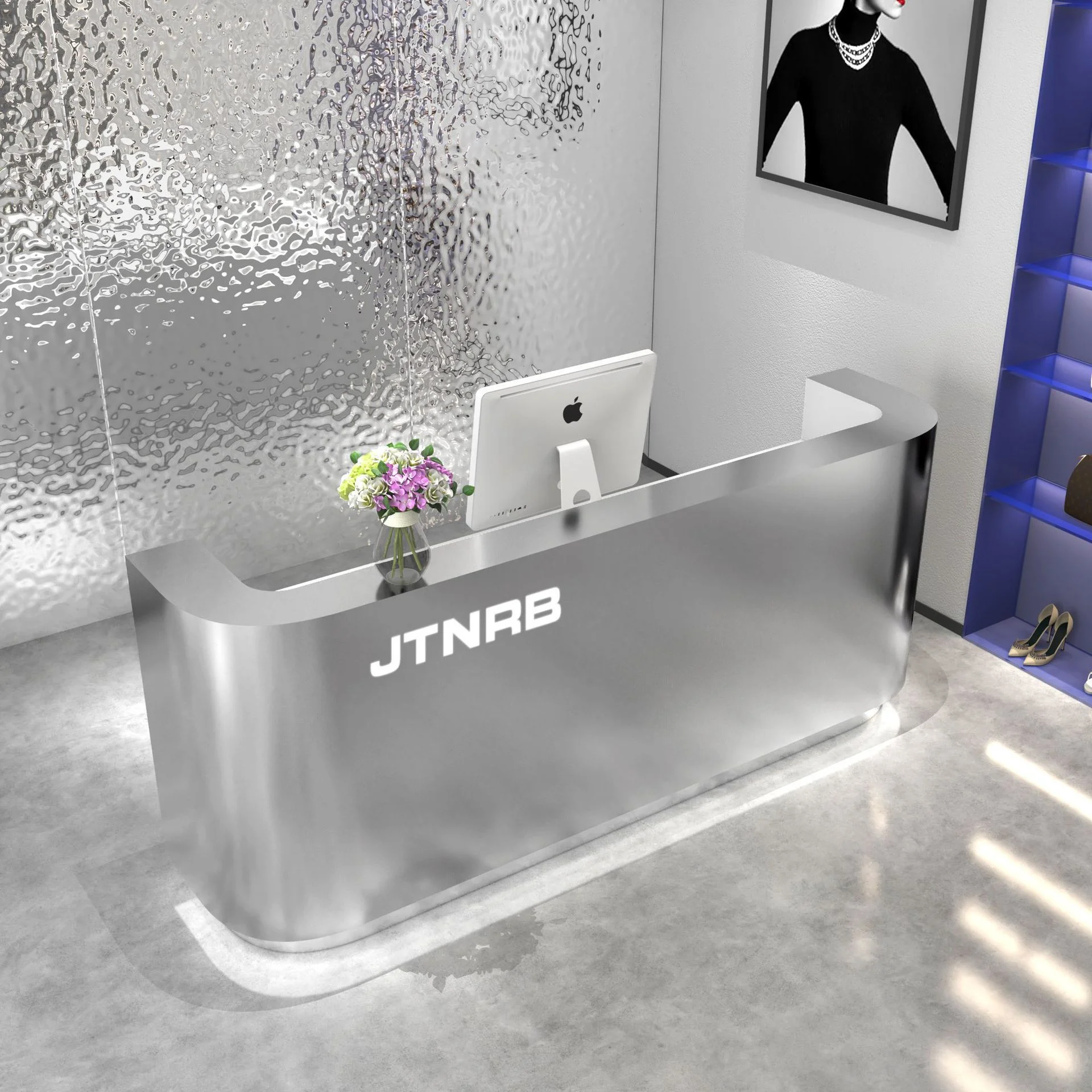 مخصص بوتيك مكتب الاستقبال مكتب صغير قائم الخروج الصناعية الجبهة الفولاذ المقاوم للصدأ الذهب أمين الصندوق بار الأثاث #2