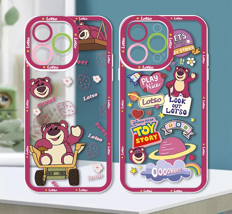 Disney strawberry bear Lotso Apple Case For iPhone 15 14 13 12 11 Mini XS XR X Pro MAX 8 7 6 Plus SE Angel Eyes Transparent