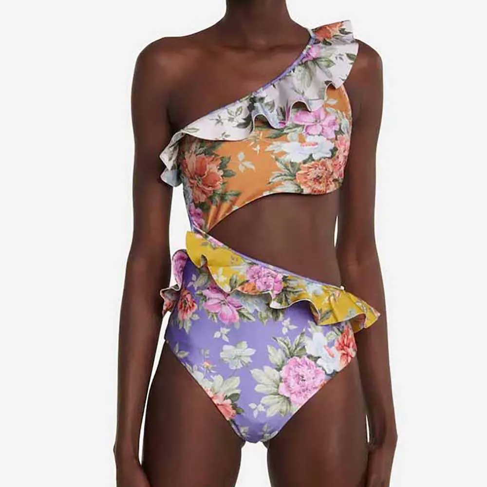 Women's One-Piece Swimsuit Cut-Out Open Waist Ruffles Irregular Design Sexy Backless Adult Bikini Floral Fashion Resort Beach