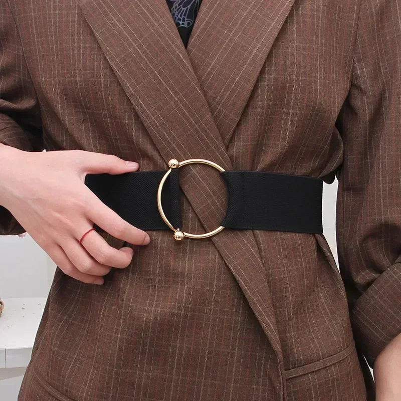 Women Elastic Band Wide Belts Simple Down Coat Waist Belt Female Buckle Black Strap Dress Decoration Accessories Leather Belt