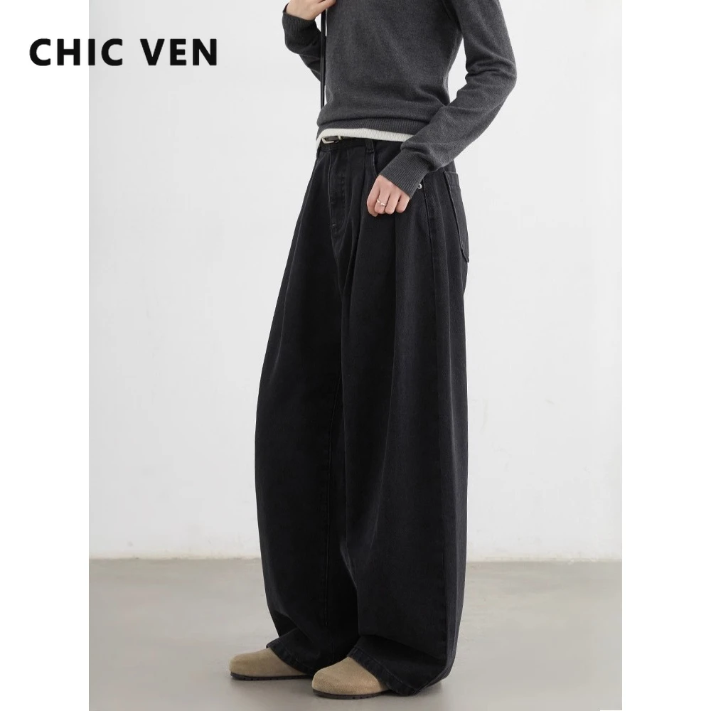 

CHIC VEN Women Jeans Casual Solid Loose Wide Leg Denim Pants Ladies Pleated Trousers Streetwear Autumn Winter New 2025