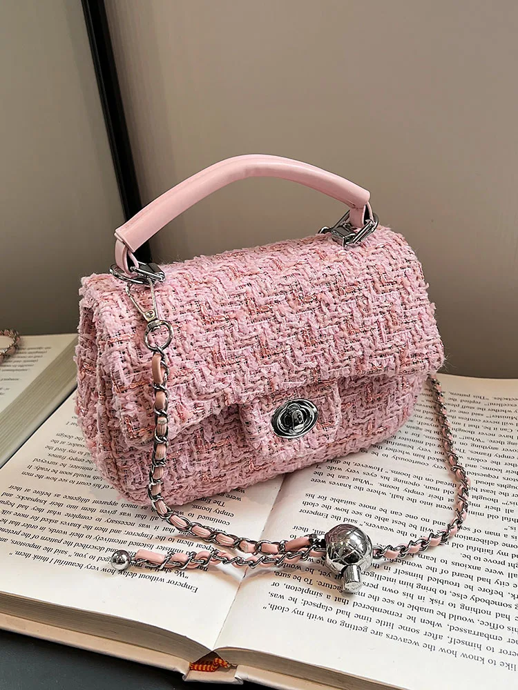 Women\'s Woolen Tweed Chain Crossbody Bags Autumn Winter New Sequin Small Square Handbags for Party Fashion Single Shoulder Bag