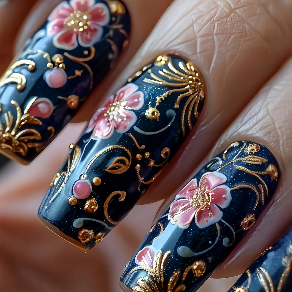 24 قطعة التابوت الأحمر رسومات أظافر صناعية اضغط على أظافر الباليه متوسطة الطول زهرة غطاء كامل مسمار نصائح Datachable موضة مجموعات الأظافر وهمية