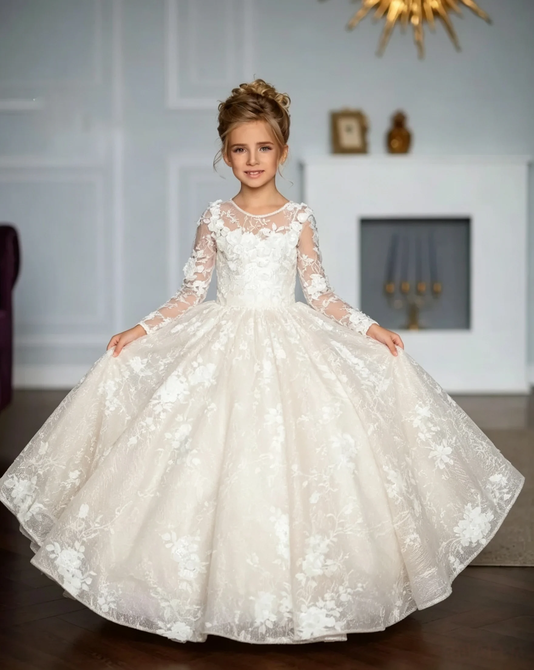 Customized Children's 3D Floral Lace Flower Girl Dress Long Sleeve Trailing Fluffy Princess Dress Girls Wedding Communion Party
