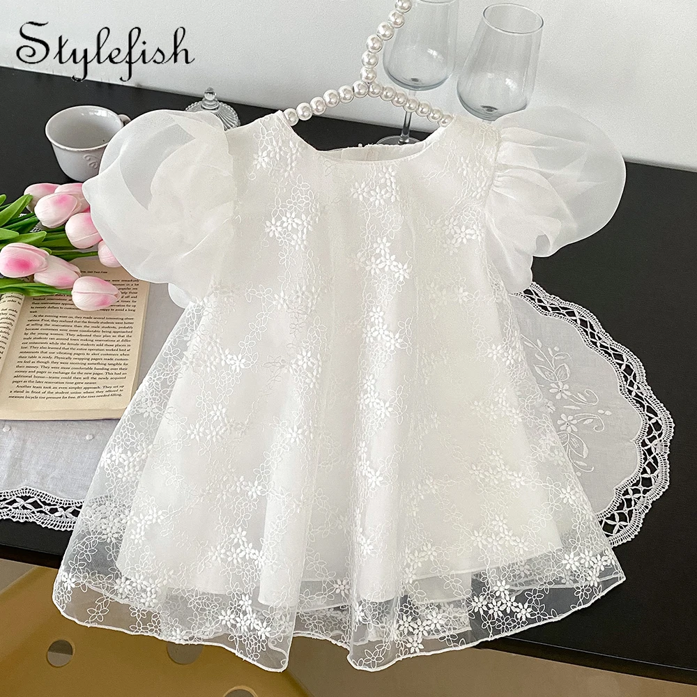 INS Summer Girls' Baby 0-4 Years Old Baby Children's Princess Hundred Day Banquet Dress Bubble Short Sleeve Cotton Lace Skirt