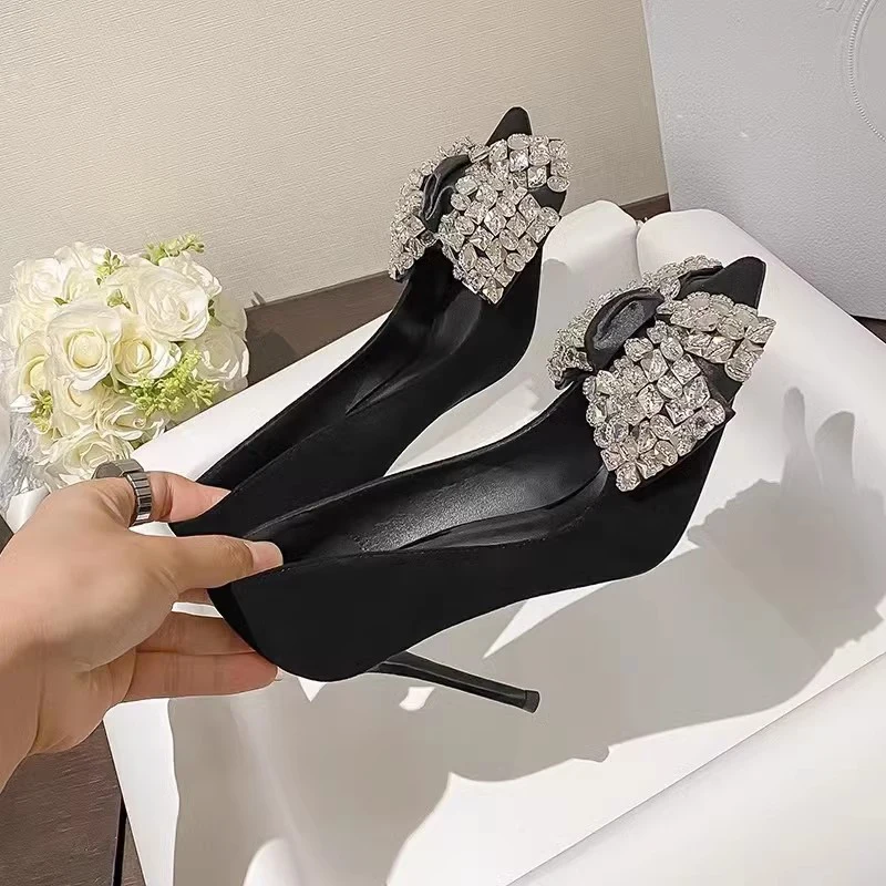 

Bling Gem Rhinestone Bowtie Pumps Pointed Toe Thin High Heels Shallow Cut Pointed toe french Crystal Bow Woman Banquet Shoes