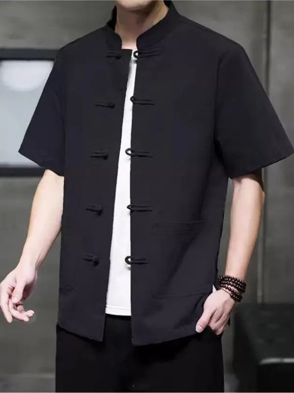 

Льняная рубашка для молодых мужчин, тонкая, летняя, дышащая, в китайском стиле, с воротником-стойкой, на пуговицах, повседневная, свободного кроя