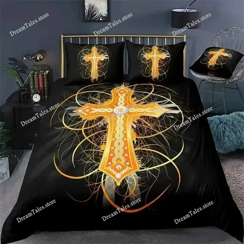 Jesus Cross Bedding Set King Queen Size Christian Design Retro Quilt Cover for Men Teens Adult,Jesus Christ Believer Quilt Cover