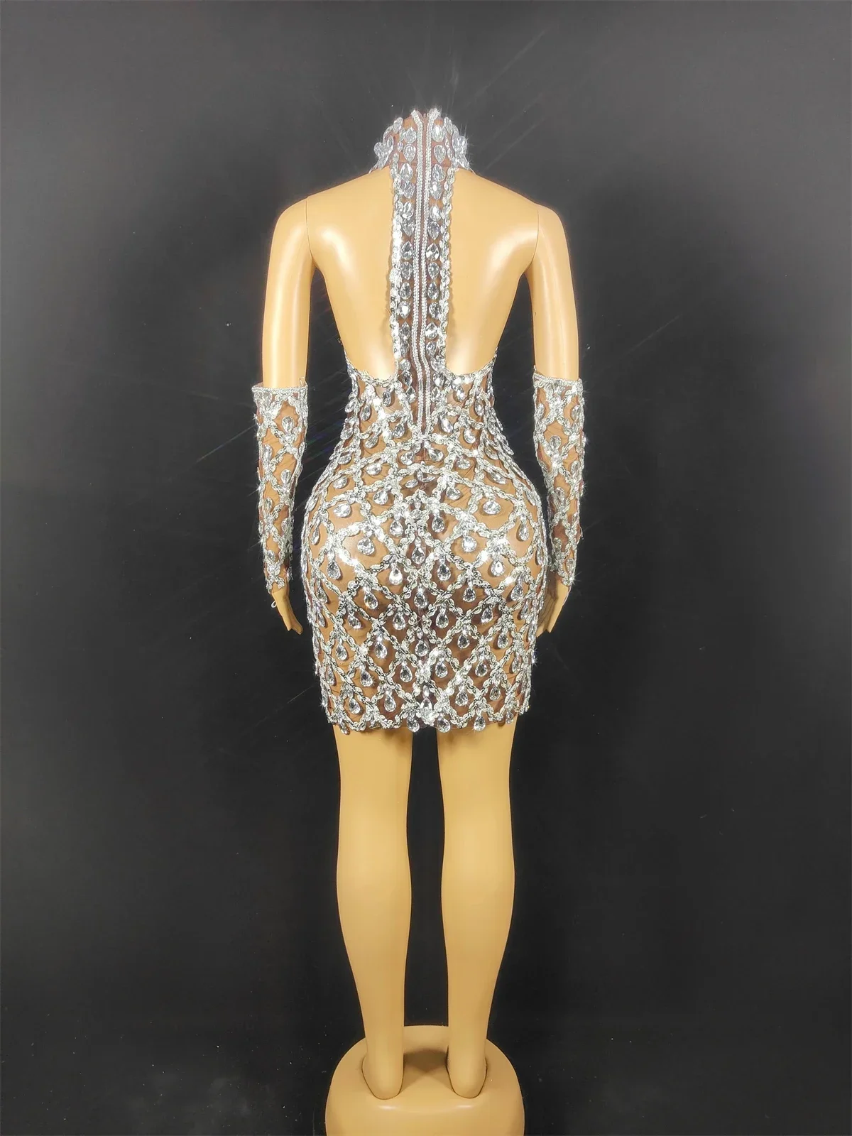 Vestido de cumpleaños para mujer con cristales plateados y brillantes, malla para celebración en club nocturno, fiesta de graduación, traje de Drag Queen, ropa de escenario para cantante