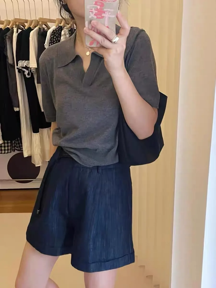 Fashionable  minimalist POLO collar thin wool short sleeved knitted sweater for women's summer loose casual lapel wool T-shirt