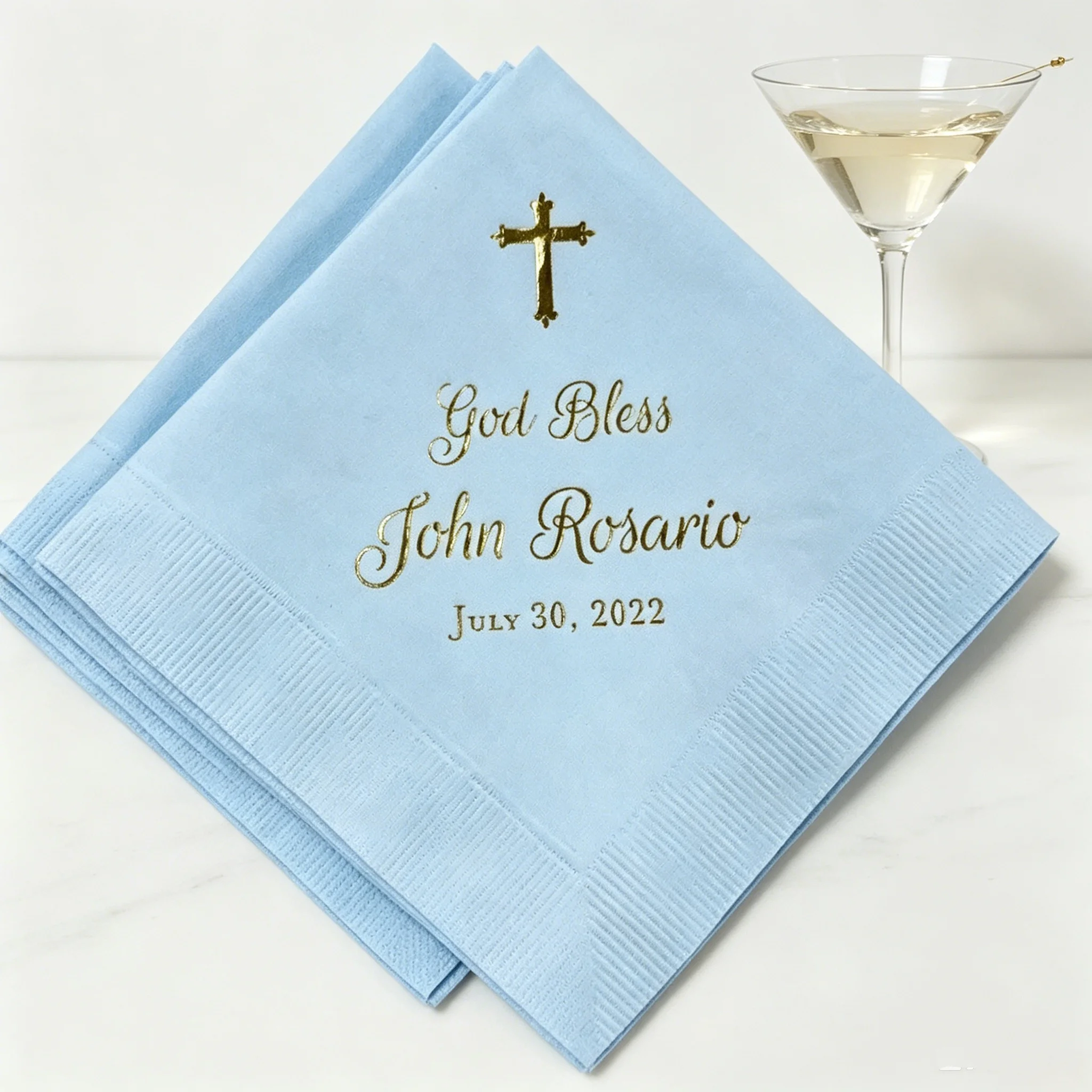 50pcs Custom Cross God Bless Baptism Cocktail Napkins, Personalized Name & Date Gold Foil Beverage Napkins, Bulk White Disposabl