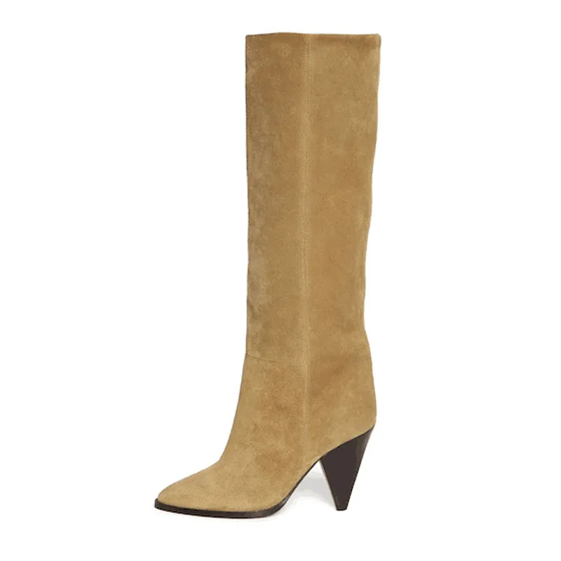 

Arden Furtado Simple style Pointed toe Tapered heel Slip-on Suede Knee high boots Patchwork Pure colour High-heel Modern boots