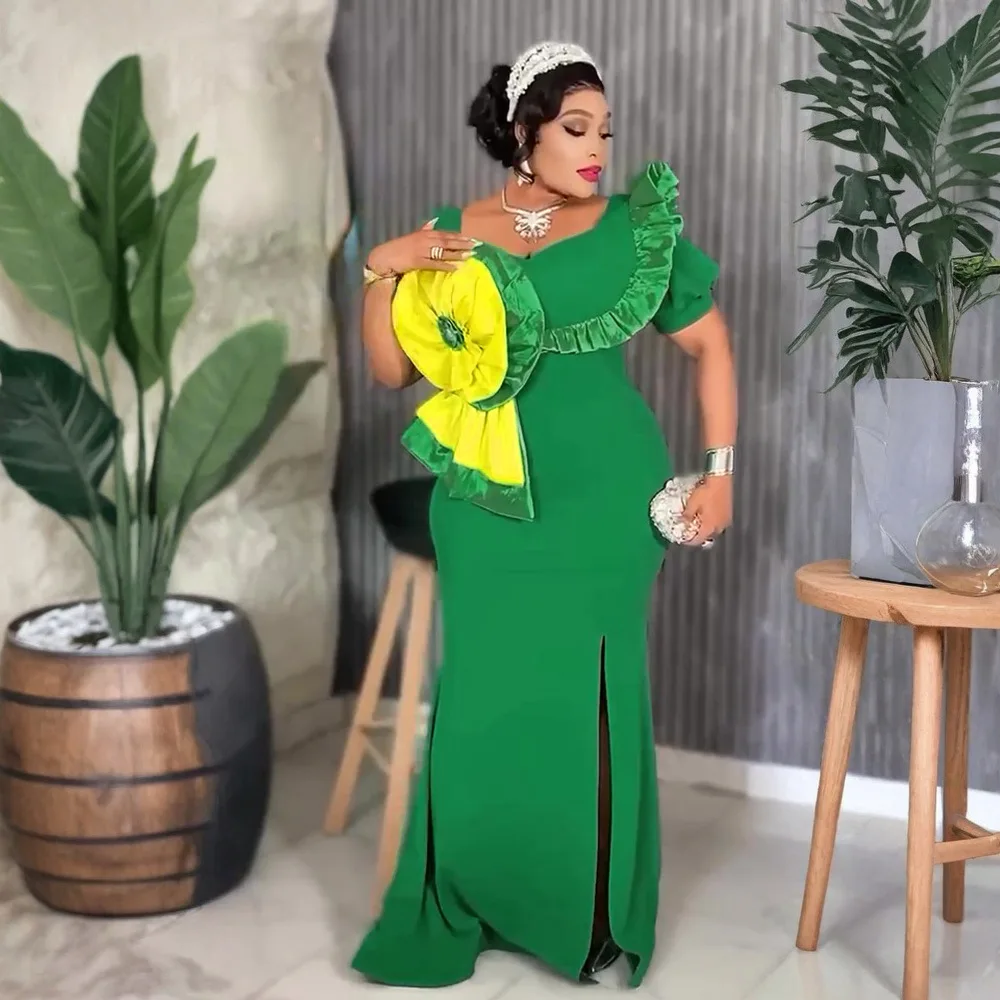 

Elegant African Dresses for Women Flower Muslim Dress Dashiki Ankara Wedding Evening Party Gown Turkey Kaftan Africa Clothing