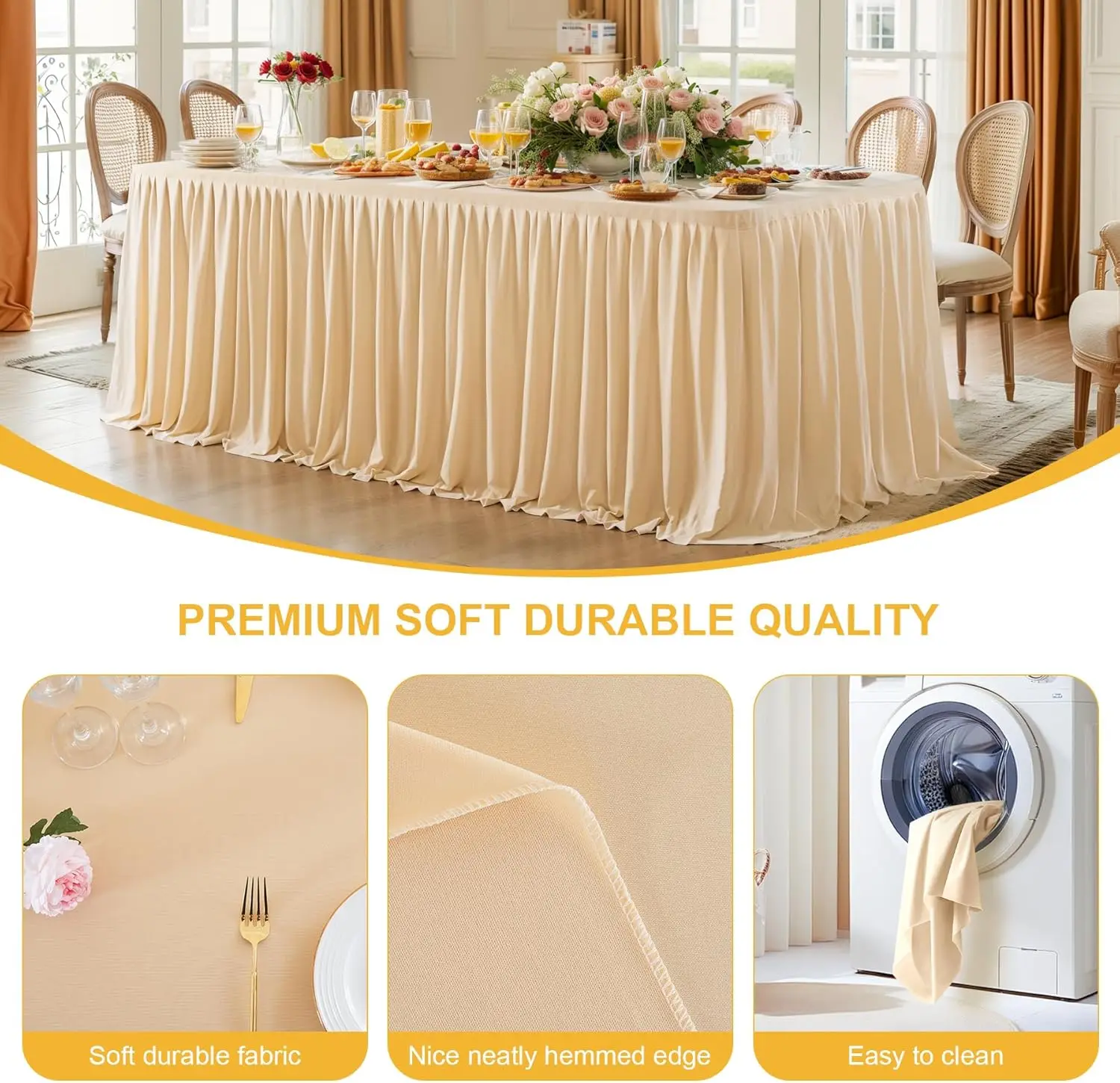 2 Packs Champagne Polyester Table Clothes for 6 Foot Rectangle Tables, Wrinkle Free Fitted Table Cover 6ft Stretch Tablecloths