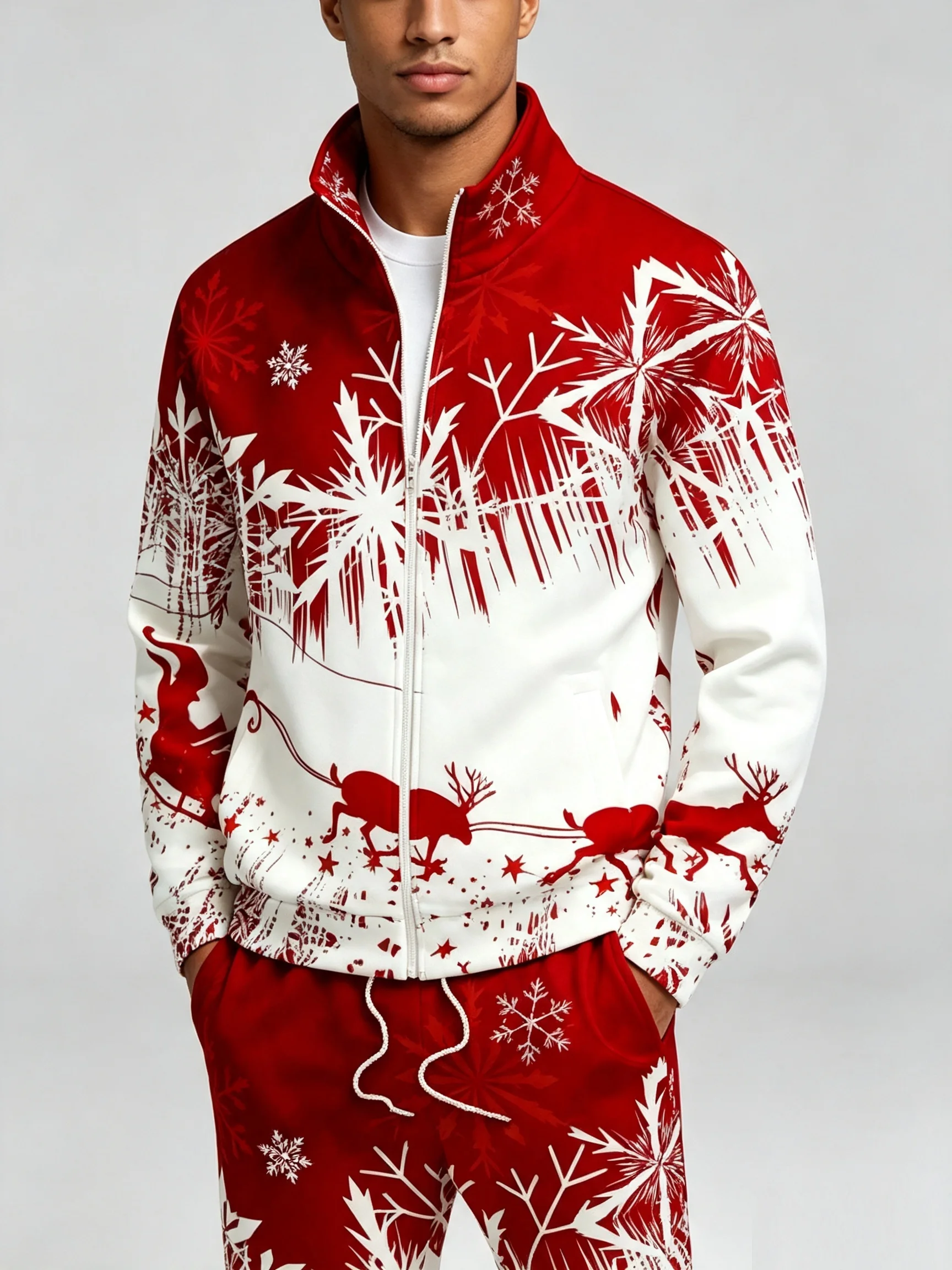 Mens Christmas Snow Reindeer Sleigh Pattern Tracksuit Full Zip Up Coat Elastic Waist Trousers 2PCS Sportswear For Xmas Daily Wea
