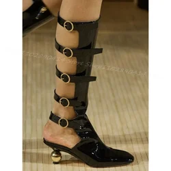 Black Hollow Design Strange Style Heels Sandals Boots Buckle Strap Women Shoes Fashion Banquet Runway 2024 Zapatos Para Mujere