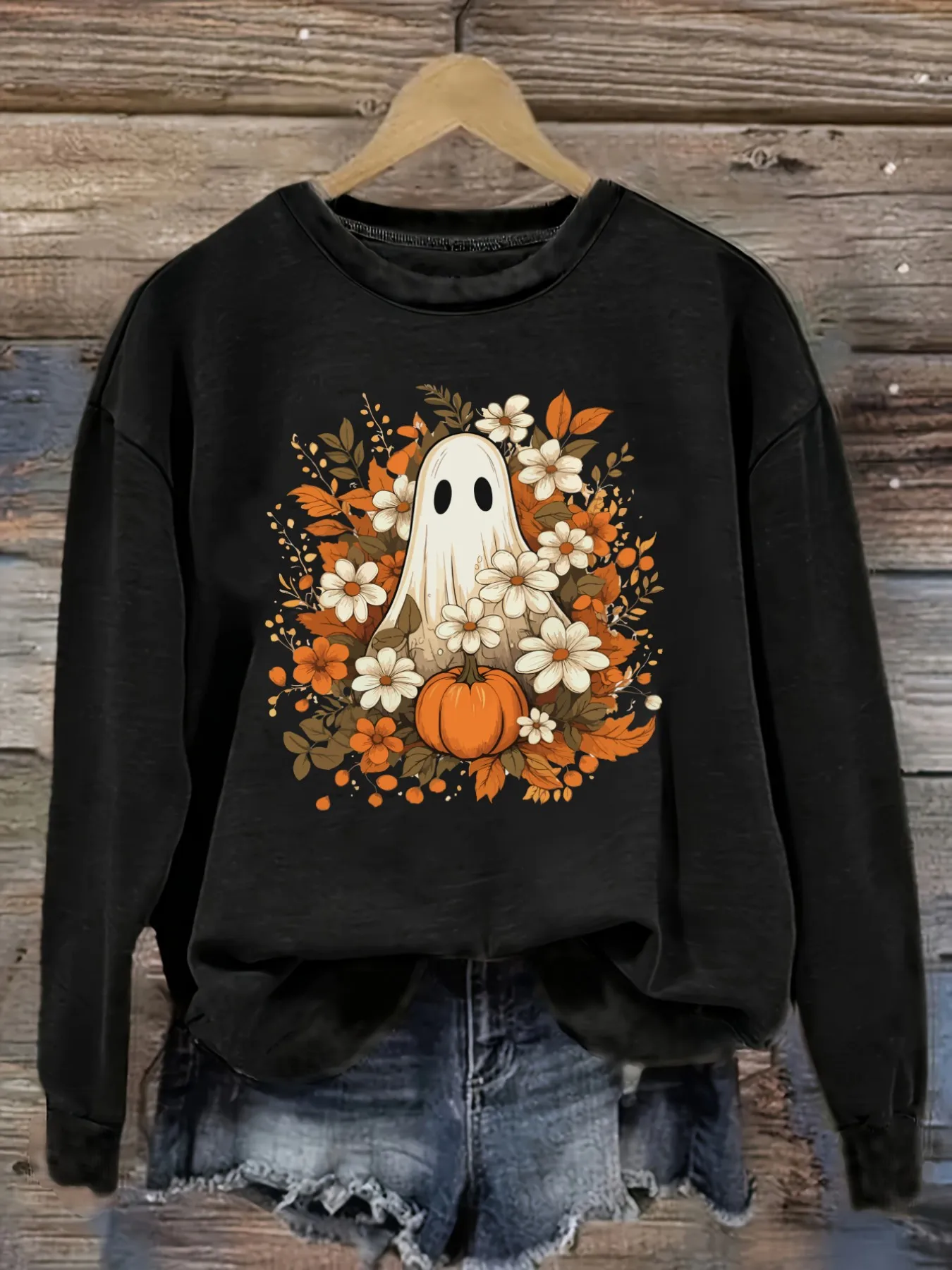Women's Casual Long Sleeve Crew Neck T-Shirt Ghost Pumpkin Autumn Floral Design Design, Round Neck Women's Clothing, Machine Washable, Slightly Elastic, Loose Fit, Spring Autumn Winter Women's T-Shirt, Halloween Costume Outfit