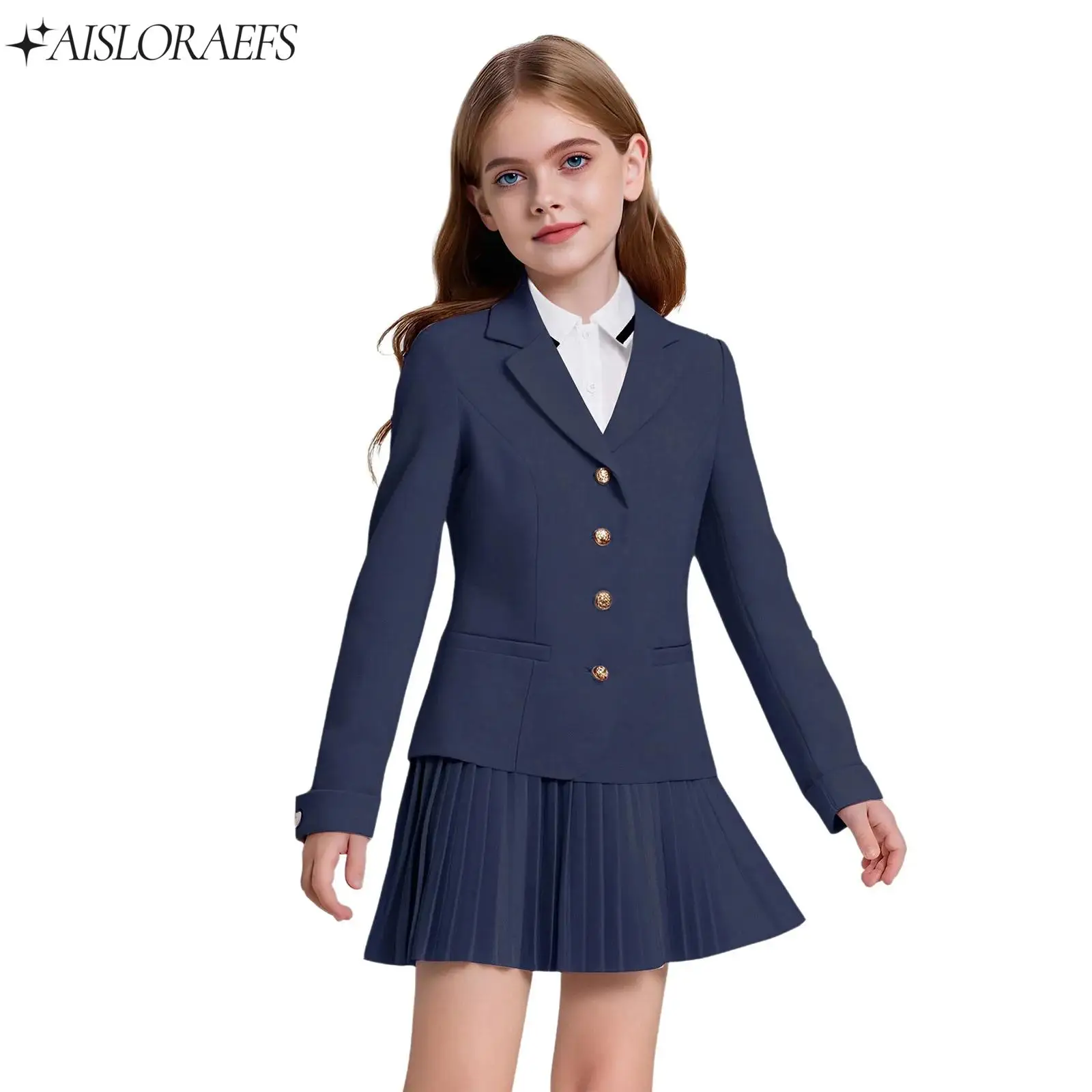

New Kids Girls School Uniform Lapel Button Down Suit Jacket+Pleated Skirt+Long Sleeve Pullover Shirt Sets for Formal Graduation