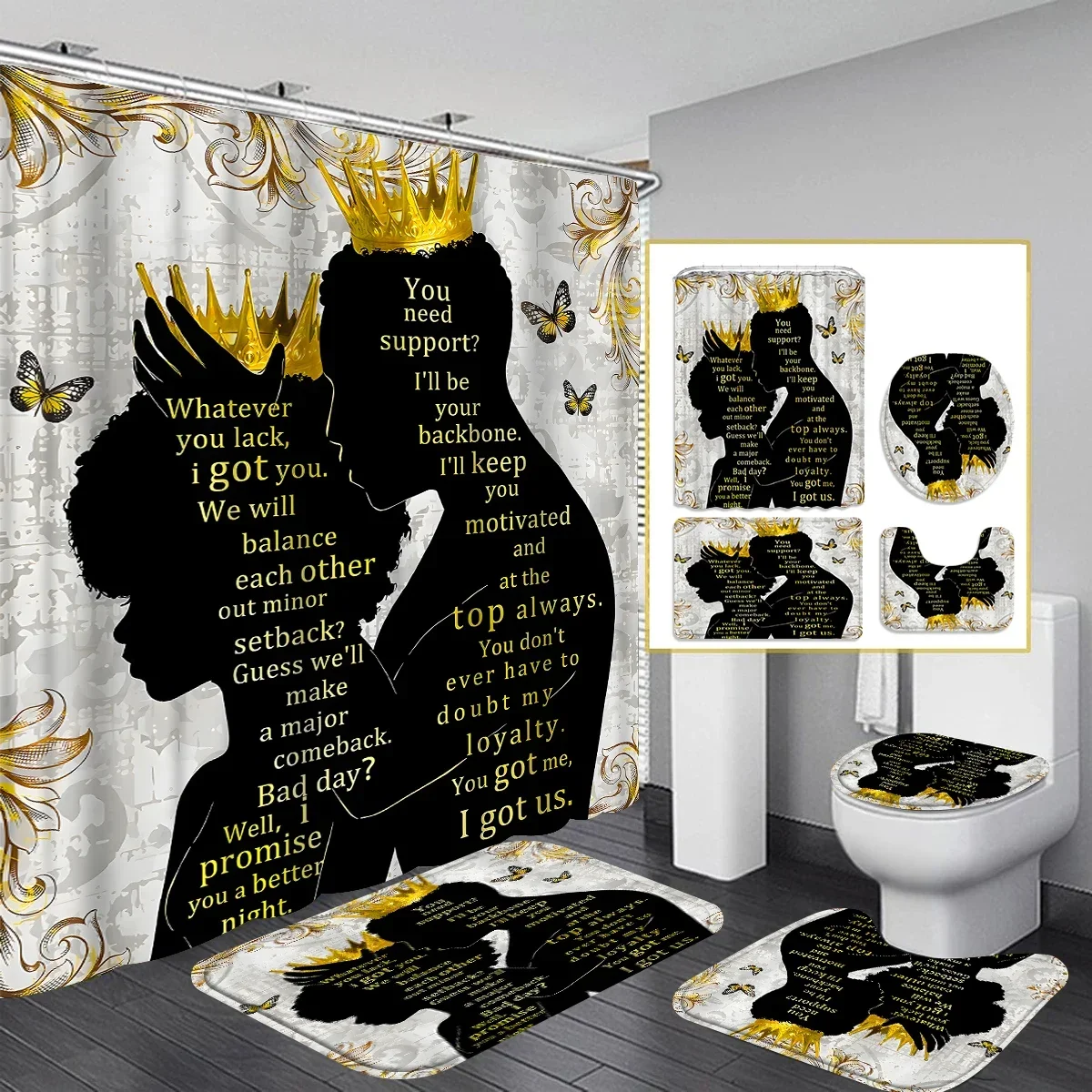 Black and White Diamond BathroomSet Creative Text Shower Curtain Non-Slip RugsToilet Seat Cover U-Shape MatUnique Bathroom Decor