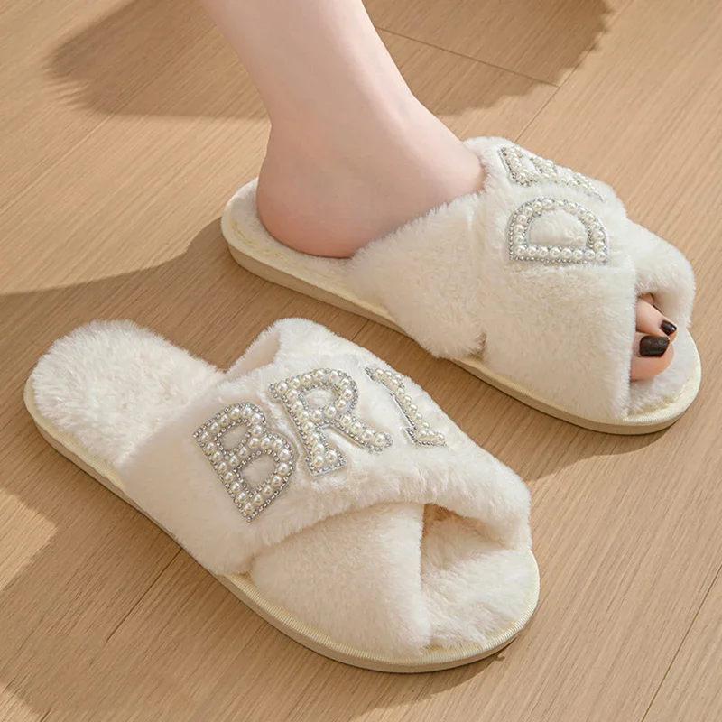 لؤلؤة رسالة رقيق فروي النعال للنساء لينة وحيد عبر حزام الفراء الشرائح امرأة شتاء دافئ أفخم النعال المنزل لحفل الزفاف #4