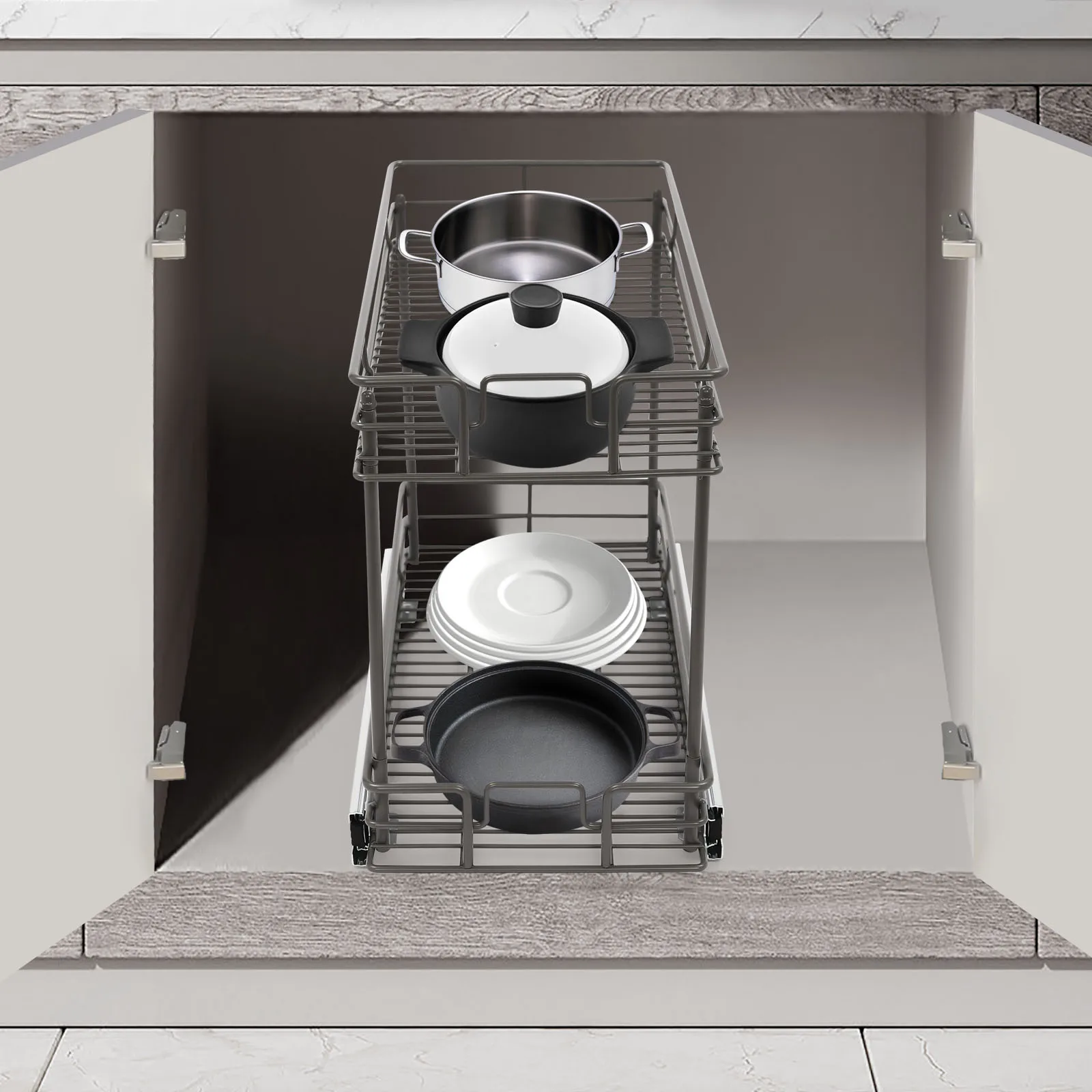 

10.5" W*21.5" D Gray 2-layer Cabinet Storage Basket Pull-out Storage Rack Large-capacity Organizer