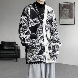 Men Printed Sweater Coat Top quality V Neck Knitted Cardigan Autumn Lazy Chic Elegant Sweater Men High Street Hip Hop Oversized