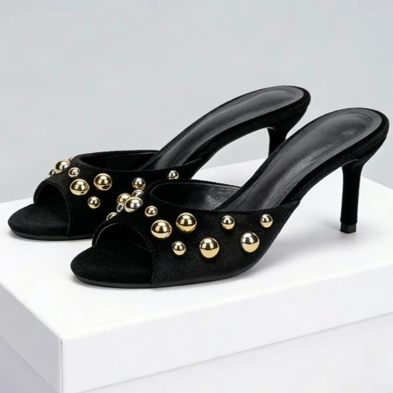 

Brand Designer Metal Rivet Women Slippers Velvet Black Peep Toe Slides Ladies New Summer 2026 Luxury Thin Heels Women Sandals