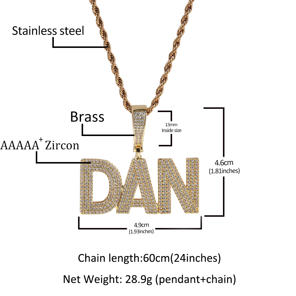 Customized Letters Pendant Necklaces Iced 3 Rows Cubic Zirconia Name Charms Necklace Fashion Hip Hop Jewelry for Rappers