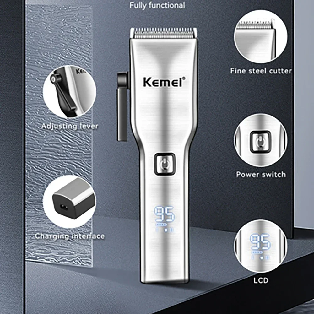 Kemei ที่เล็มขนไร้สายสำหรับผู้ชายที่ตัดผมแบบมืออาชีพที่ตัดขนชุดตัดผมแบบชาร์จไฟได้จอแสดงผล LED เสียงรบกวนต่ำ