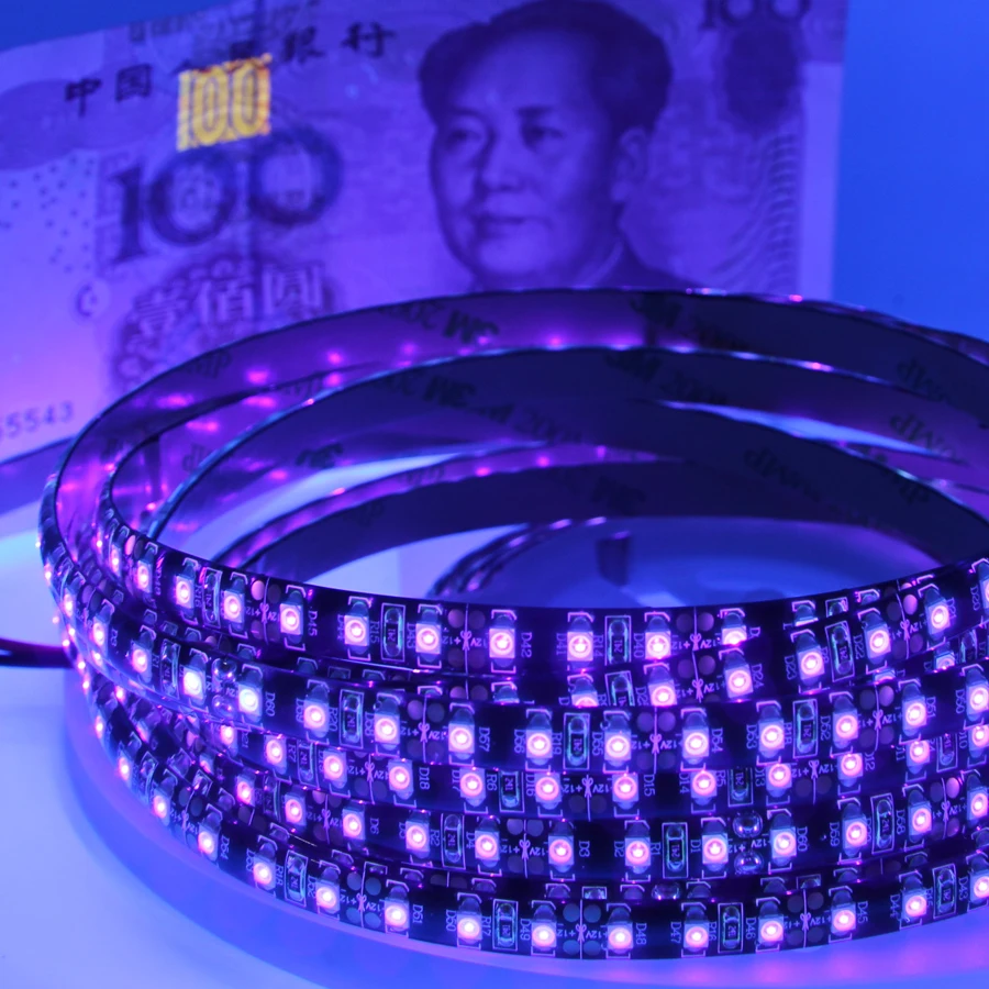DC12V LED UV Strip 395-405nm Ultraviolet flexible lamp strip SMD 3528 60leds/M 120LEDS/M Car figurine cabinet, fluorescent party