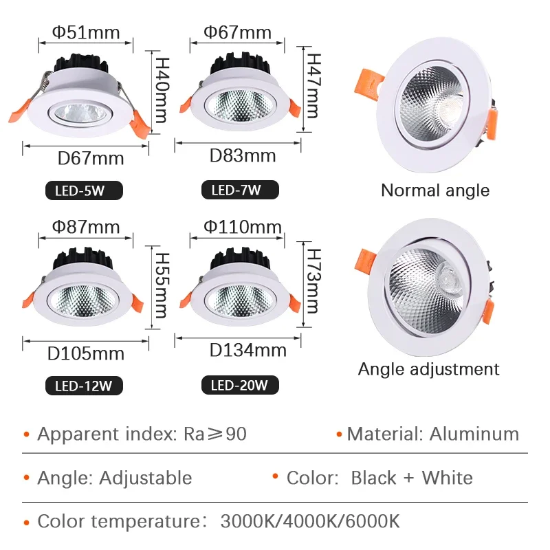 4000K LED Light 220V per faretto da incasso a Led da cucina plafoniere Cob 12W 20W faretto a Led incorporato illuminazione per interni