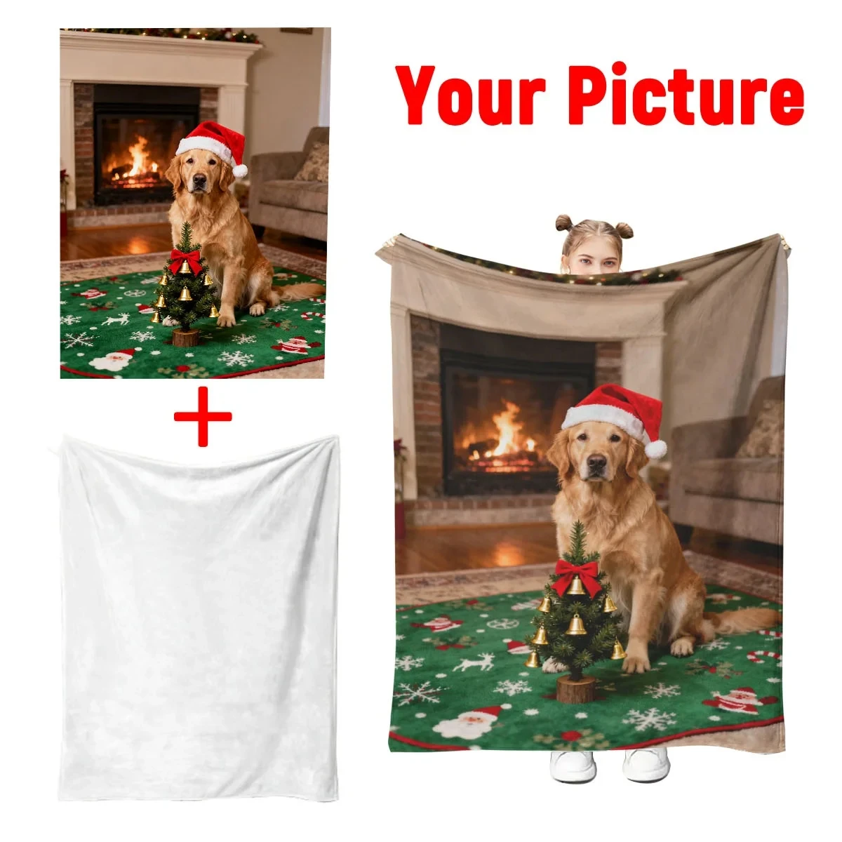 Christmas Custom DIY Personalized Pet Cat and Dog Photo Flannel Blanket - Customized Warm Photo + Christmas Elements, Soft, Warm