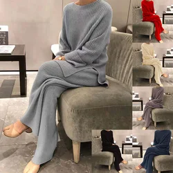 Women's Autumn and Winter New Fashion Elegant Solid Round Neck Pullover Long Sleeve Loose Relaxed Knitted Sweater Two Piece Suit