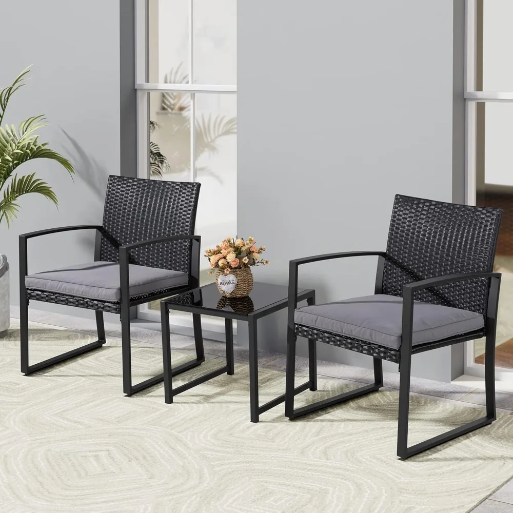 

3 Pieces Outdoor Patio Furniture Set, Modern Wicker Bistro Set, Conversation Rattan Chair of 2 with Coffee Table for Yard Porch