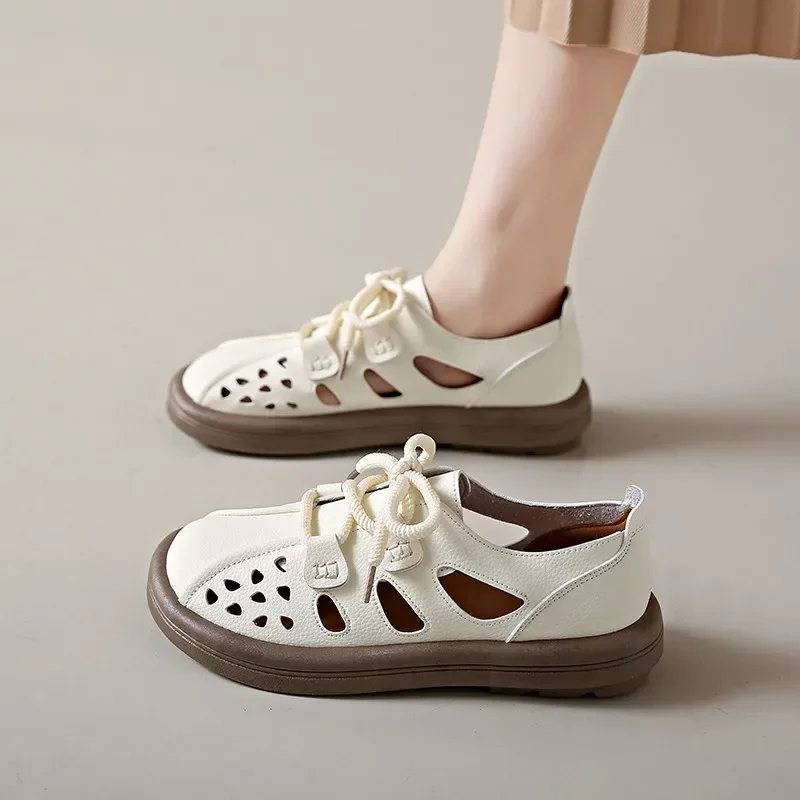 

Hollow Lace-up Single Shoes Women's 2025 Spring New Muffin Bottom Heel Breathable Large Size Casua Doudou Shoes