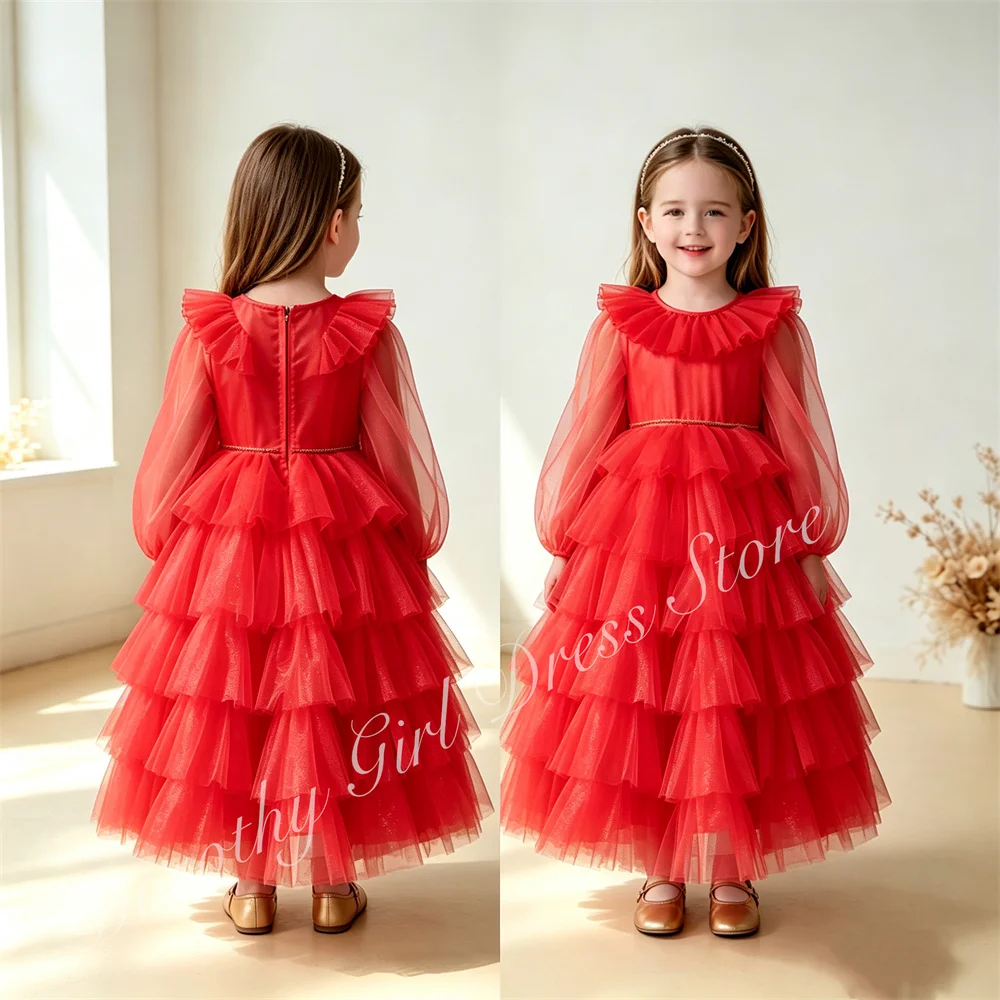 Flower Girl Dresses with Long Sleeves Tulle Tiered Birthday First Communion Celebrations Enchanting Garden Parties Dress