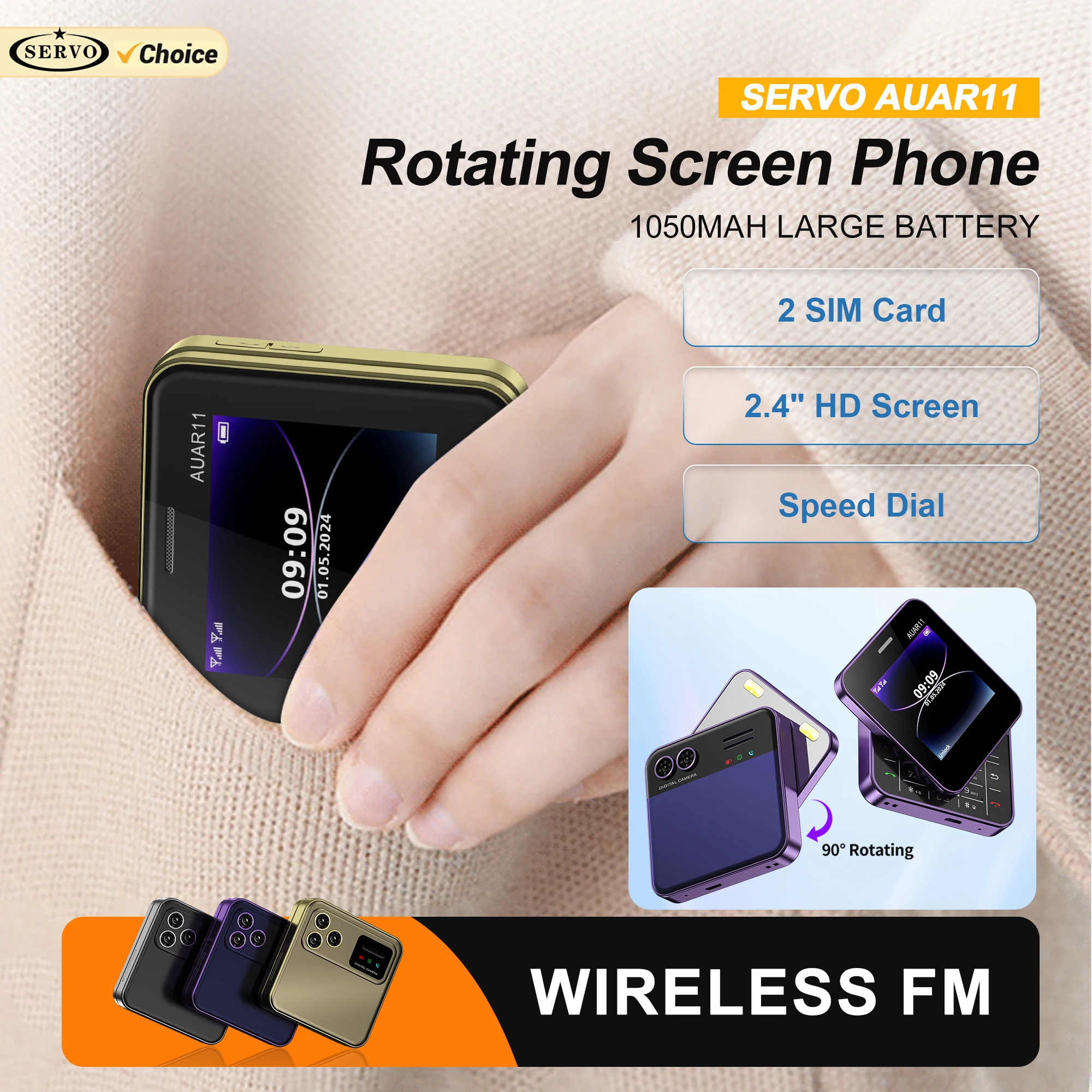 SERVO AUAR11 Mini Mobile Phone Rotating Screen Dual SIM Standby Blacklist Magic Voice Speed Dial FM Radio Side Slider Cellphones