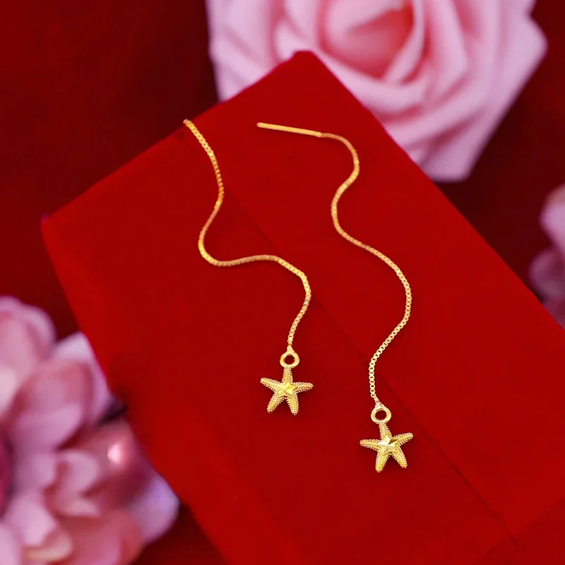 Solid Pure 24K Gold Earrings for Women, Real Gold Crown Love Phoenix Tail Pendant Long Earring Luxury Wedding Engagement Gifts