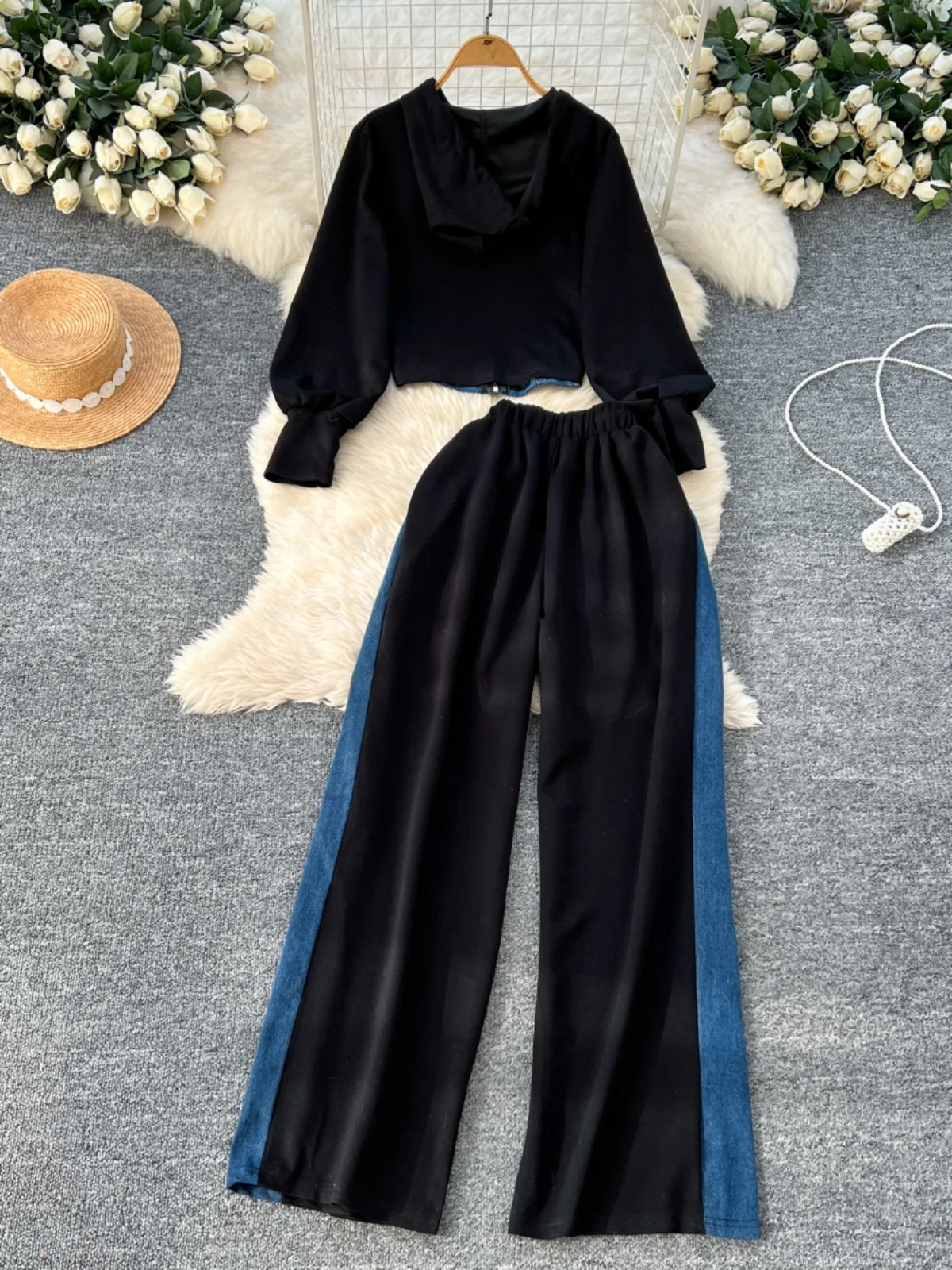 Spring Casual Sportswear Set Women's High Waist Denim Wide Leg Pants Long Sve Hoodie Faionable Ensemble for Young Ladies - Image 4