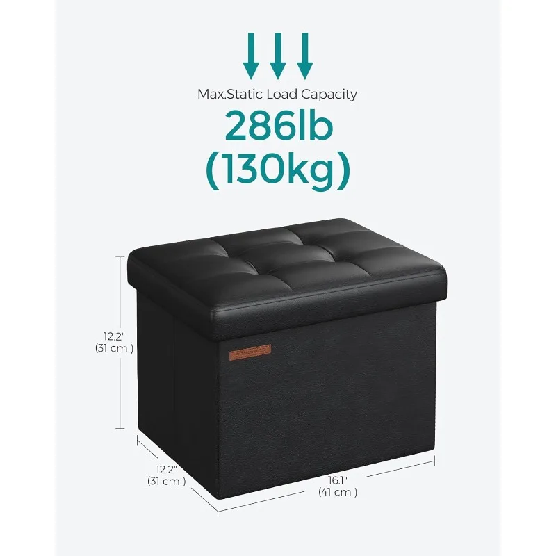 Small Folding Storage Ottoman, Foot Rest Stool, Cube Footrest, Synthetic Leather, 12.2 x 16.1 x 12.2 Inches, 286 lb Capacity