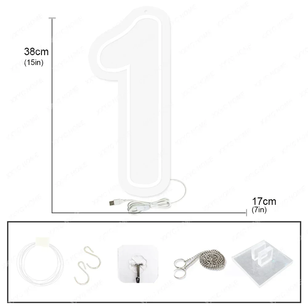 LED Neon Sign Light para Baby Birthday Party, Número 1, Wall Art, Design, Sinal personalizado, 5V, USB com base, 38cm